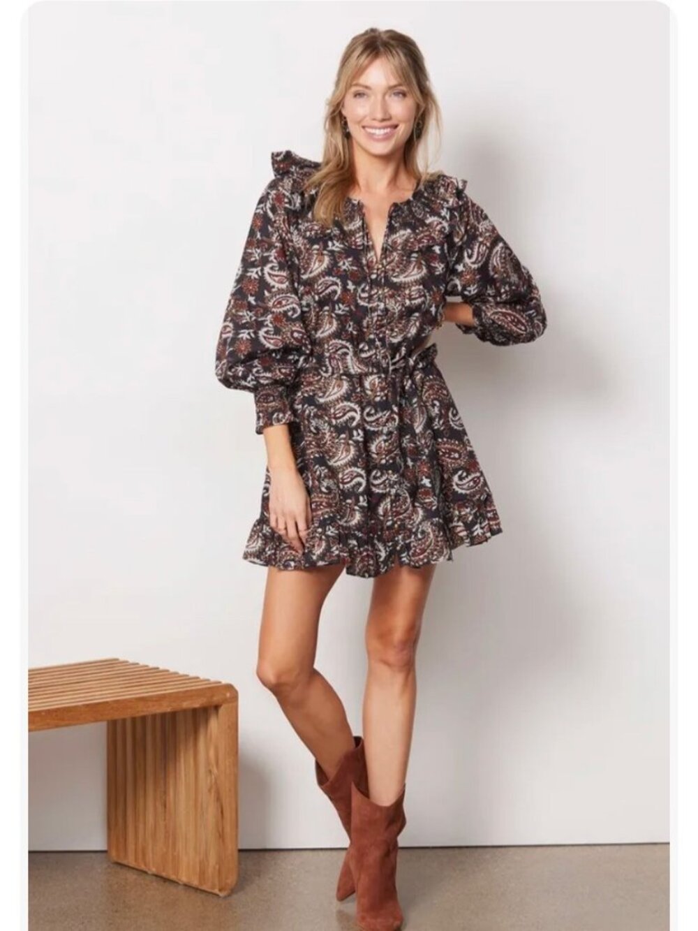 NWT Cleobella Carolyn Mini Avalon Block Paisley Print Ruffle Dress Women's Size